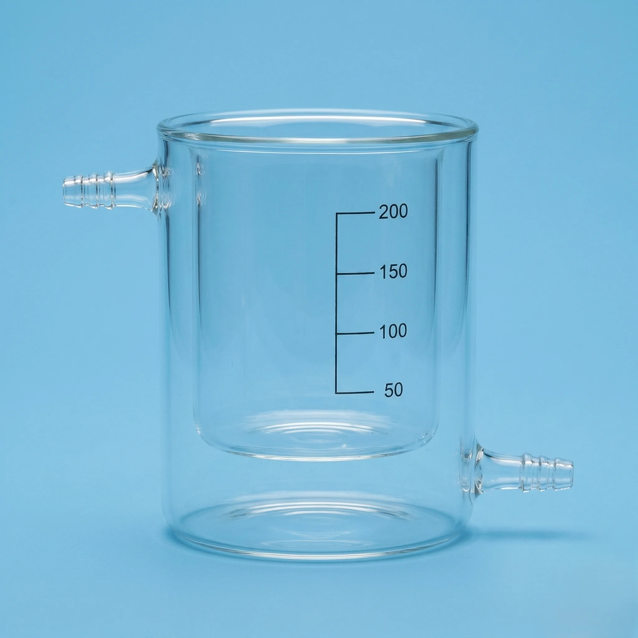 Double-Walled Jacketed Borosilicate 3.3 Reaction Beaker with Side Hose Nozzle Connections and Flat Bottom