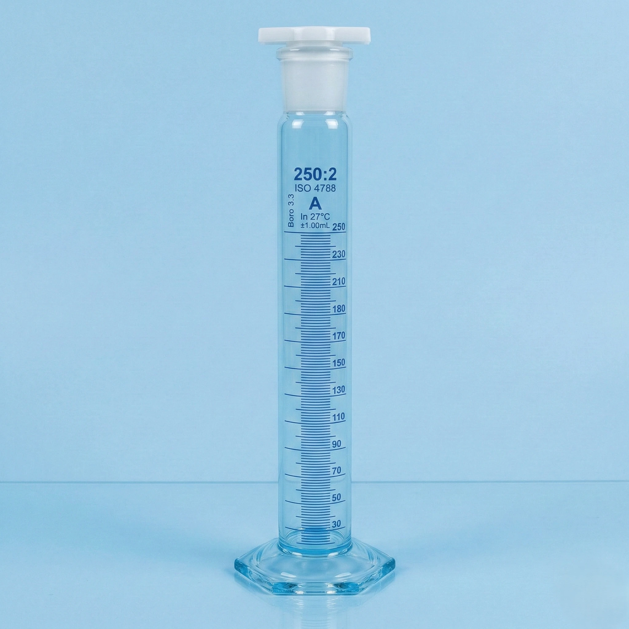 Class A Borosilicate Hex Base Measuring Cylinder with Plastic Stopper