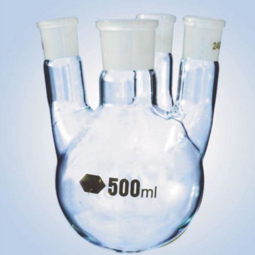 4-Neck Round Bottom Borosilicate Glass Reaction Flask with Multiple Ground Joint Inlets